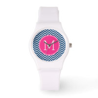 Chevron Pattern with Monogram - Navy Magenta
