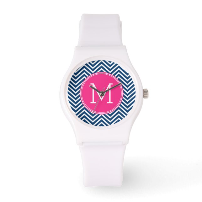 Chevron Pattern with Monogram - Navy Magenta Watch (Front)