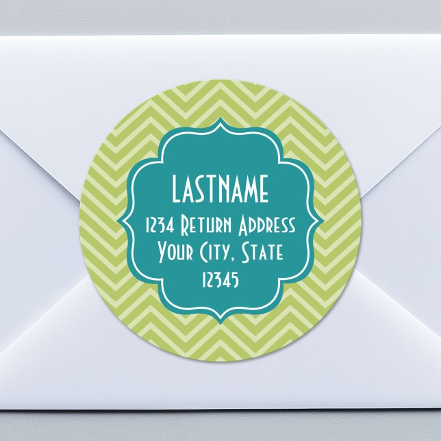 Chevron Pattern with Monogram - Teal Blue and Lime Classic Round Sticker (Custom Return Address Sticker)