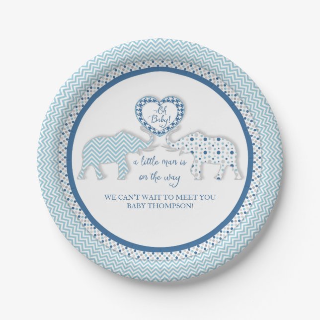 Chevron Patterned Elephants w Heart Oh Baby Boy Paper Plate (Front)