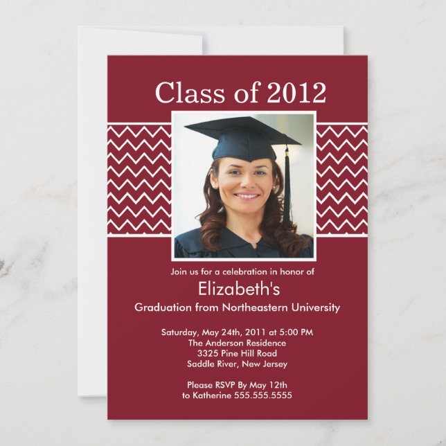 Chevron Photo Graduation Invitation - Maroon White (Front)