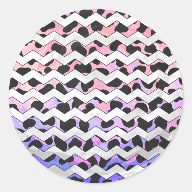 Chevron Pink and Black Dalmation Classic Round Sticker (Front)