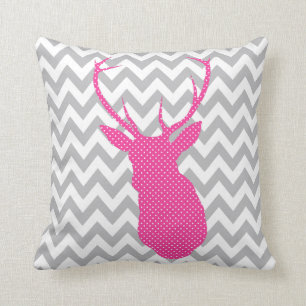 Chevron Pink and White Polka Dot Deer Silhouette Cushion