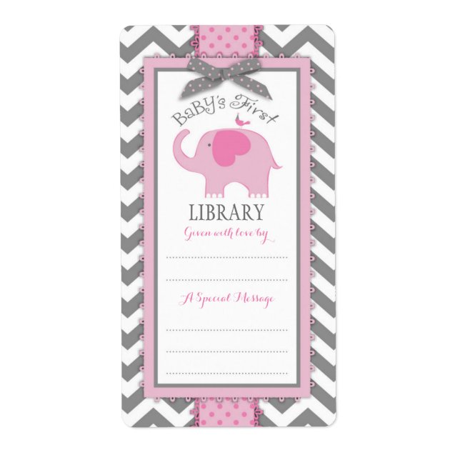 Chevron Pink Elephant Book Plate Label (Front)