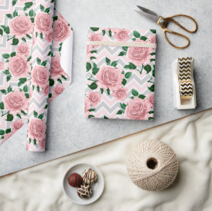 Chevron Pink Roses Wrapping Paper