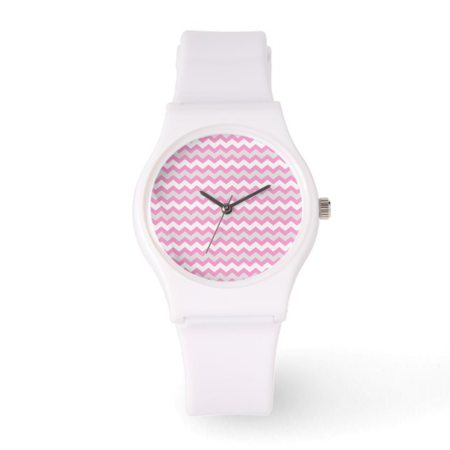 Chevron Pink White and Grey Zig Zag Pattern Watch (Front)