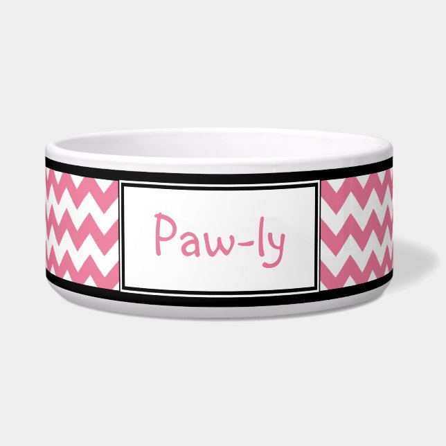 Chevron Pink & White Personalised Dog Bowl (Front)
