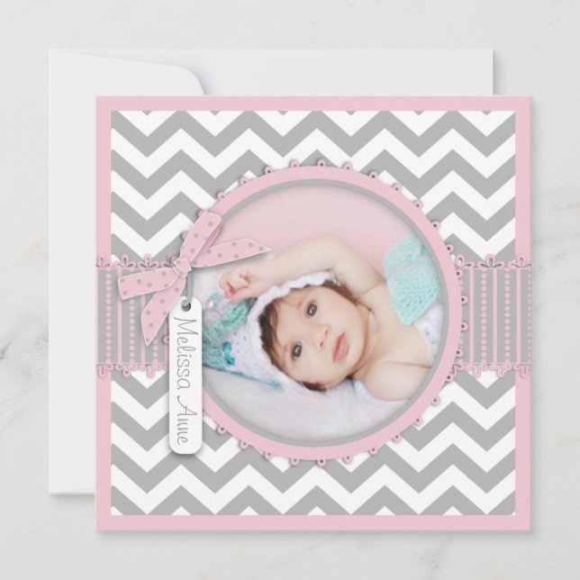 Chevron Print Birth Announcement Photo Card SQ-PK (Front)