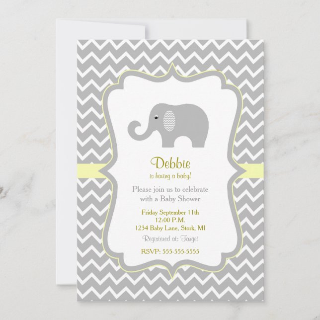 Chevron print elephant baby shower invite (Front)