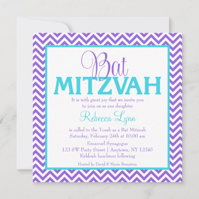 Chevron Purple Teal Blue Bat Mitzvah Invitation (Front)