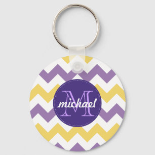Chevron Purple Yellow Monogrammed Circle Stitches Key Ring