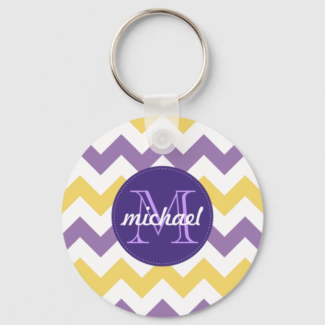 Chevron Purple Yellow Monogrammed Circle Stitches Key Ring (Front)