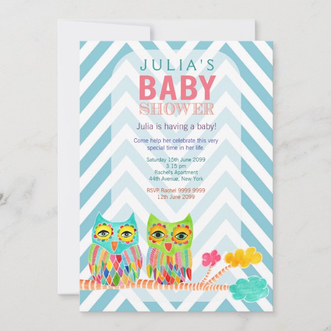 Chevron Rainbow Owls in Tree Baby Shower Invite (Front)