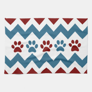 Chevron Red Blue Puppy Paw Prints Dog Lover Gifts Tea Towel
