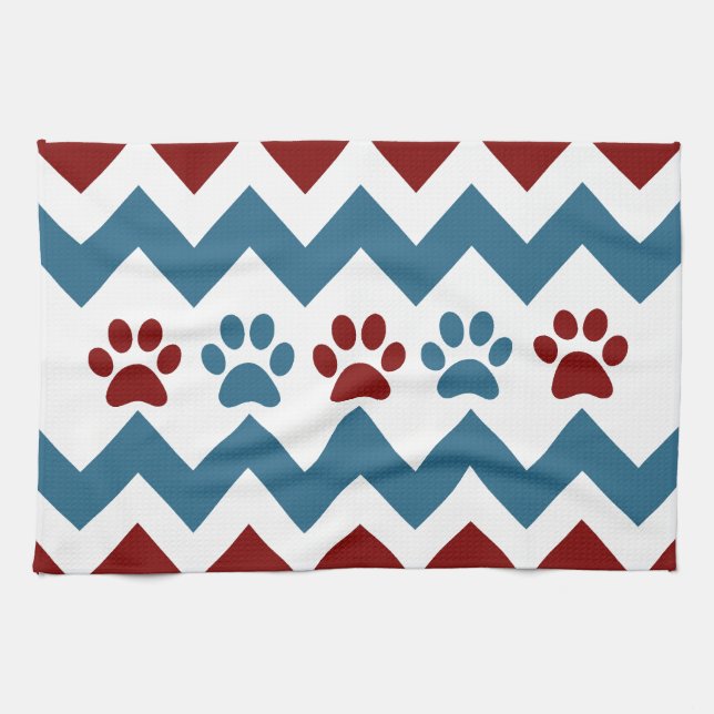 Chevron Red Blue Puppy Paw Prints Dog Lover Gifts Tea Towel (Horizontal)