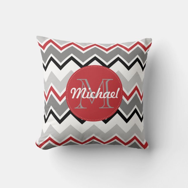 Chevron Red Grey Black Monogrammed Circle Stitches Cushion (Front)