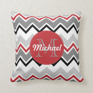 Chevron Red Grey Black Monogrammed Circle Stitches Cushion