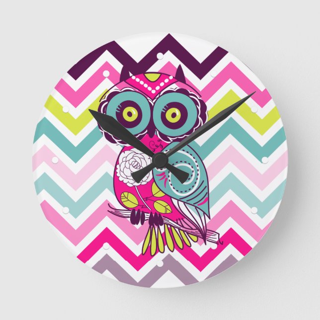 Chevron Retro Groovy Owl Round Clock (Front)