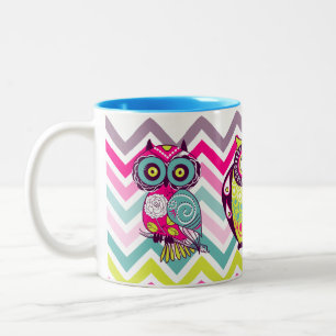 Chevron Retro Groovy Owls Two-Tone Coffee Mug