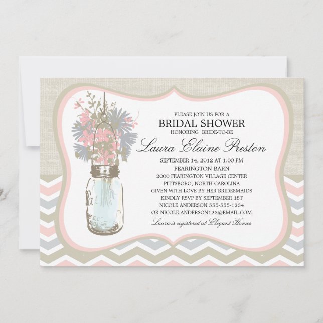 Chevron Rustic Chic Mason Jar Bridal Shower Invitation (Front)