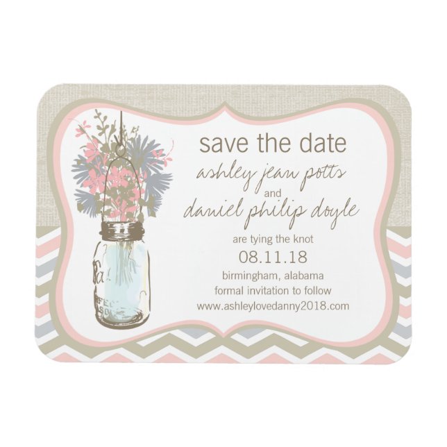 Chevron Rustic Chic Mason Jar Save the Date Magnet (Horizontal)
