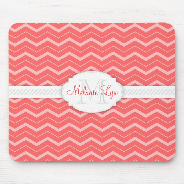 Chevron (Salmon) Custom Monogram and Name Mouse Mat (Front)
