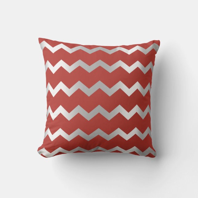 Chevron Silver Grey Grey Red Wine Metal Stripes Cushion (Front)
