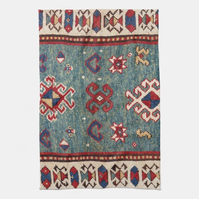 Chevron Stars :: 19th Century Colourful Steel Blue Tea Towel (Vertical)