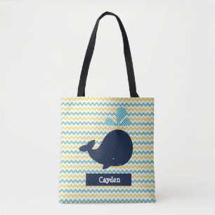 Chevron Stripe with Whale Personalised tote bag