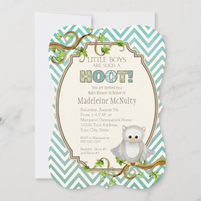 Chevron Striped Hoot Owl Little Boys Baby Shower Invitation (Front)
