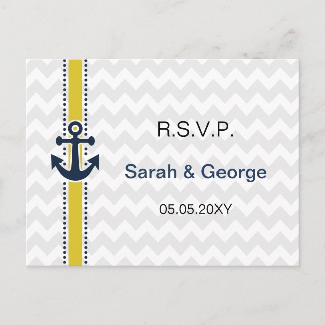 chevron stripes, anchor, nautical wedding rsvp invitation postcard (Front)