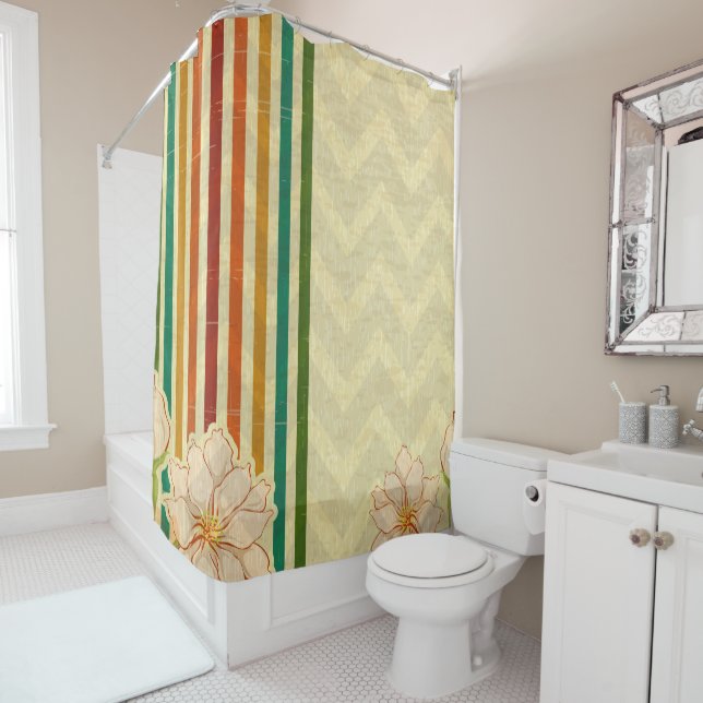 Chevron Stripes And Flowers Shower Curtain (In Situ)