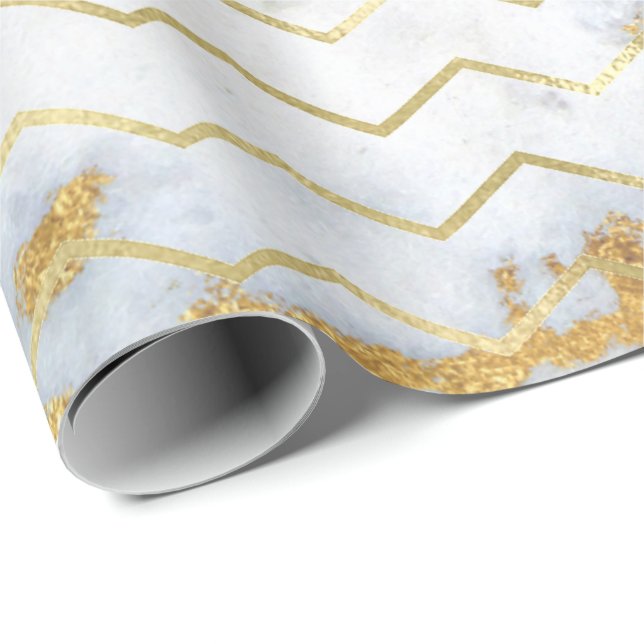 Chevron Stripes Gold Metallic Grey Marble White Wrapping Paper (Roll Corner)