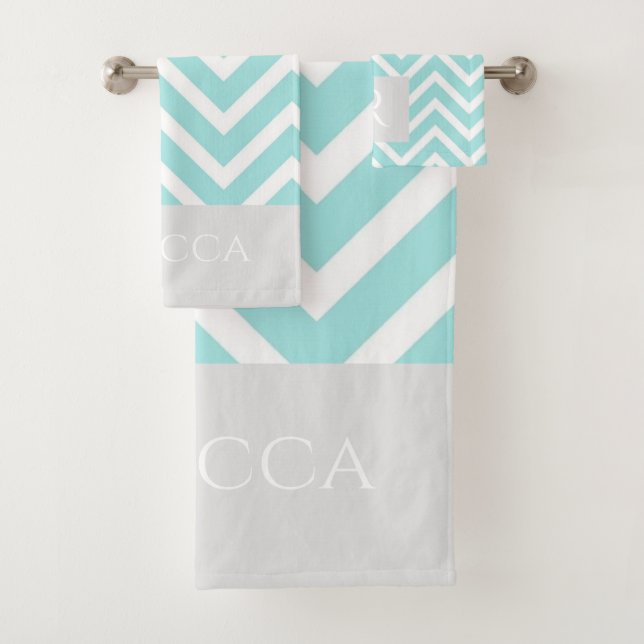 Chevron Stripes Grey Monogram Bathroom Towel Set (Insitu)