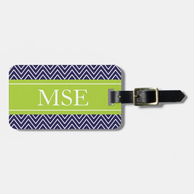 Chevron Stripes Personalised Monogram Navy Lime Luggage Tag (Front Horizontal)