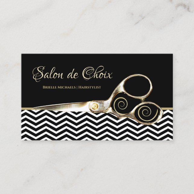 Chevron Stripes Salon Gold Hairstylist Scissors Business Card (Front)