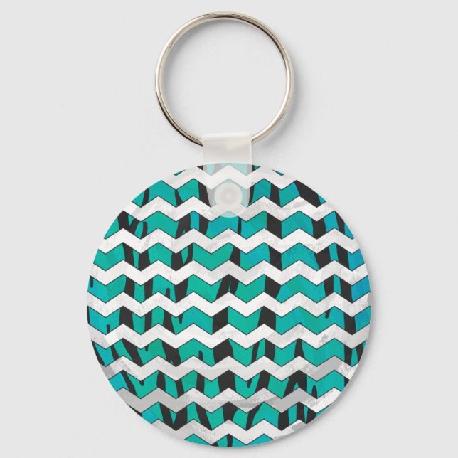 Chevron Tiger Black and Teal Print Key Ring (Front)