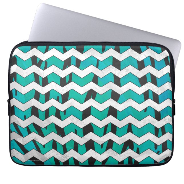 Chevron Tiger Black and Teal Print Laptop Sleeve (Front)