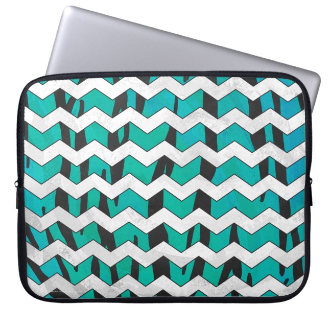 Chevron Tiger Black and Teal Print Laptop Sleeve (Front)