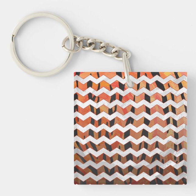 Chevron Tiger Hot orange and Black Print Key Ring (Front)