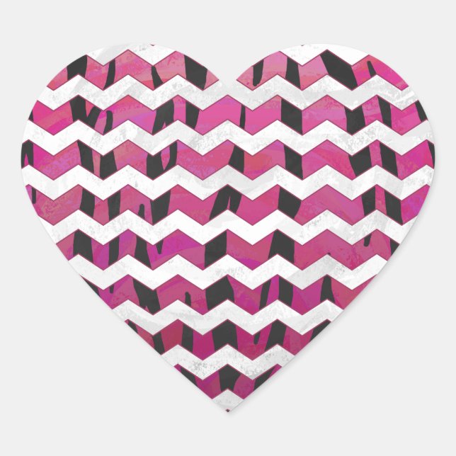Chevron Tiger Hot Pink and Black Print Heart Sticker (Front)