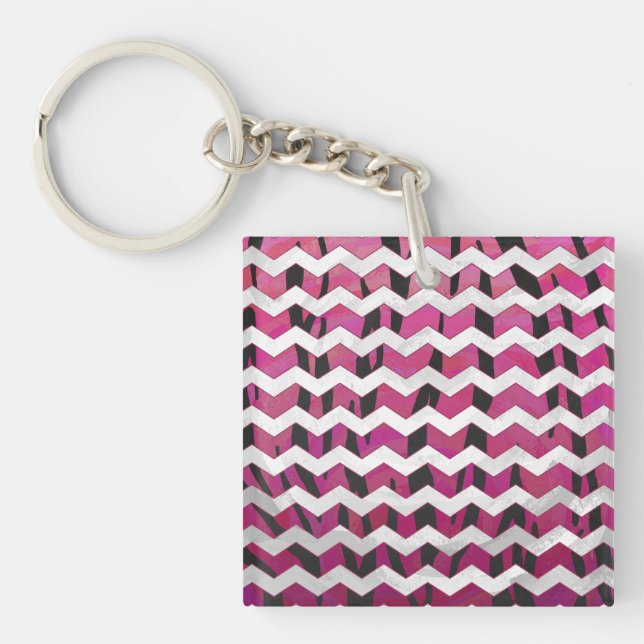 Chevron Tiger Hot Pink and Black Print Key Ring (Front)