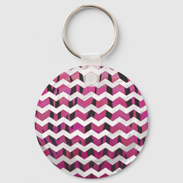 Chevron Tiger Hot Pink and Black Print Key Ring (Front)