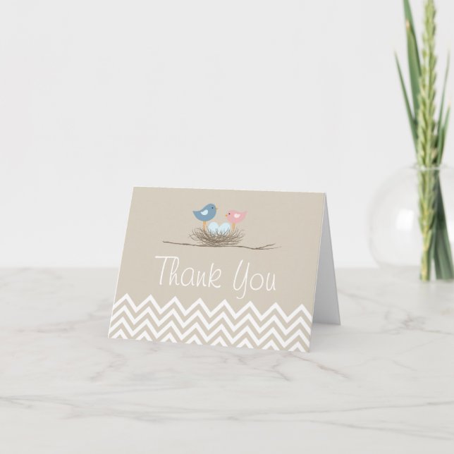 Chevron Twin Boys Bird's Nest Thank You Card (Front)