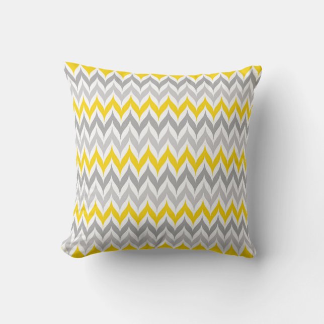 Chevron Wing Stripe Pattern Yellow and Grey Cushion (Front)