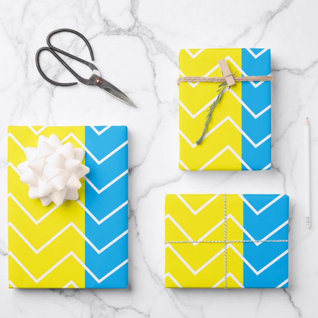 Chevron Yellow Blue White Chevron Pattern Wrapping Paper Sheet (Front)