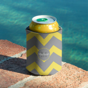 Chevron yellow grey pattern lines stripes Monogram Can Cooler