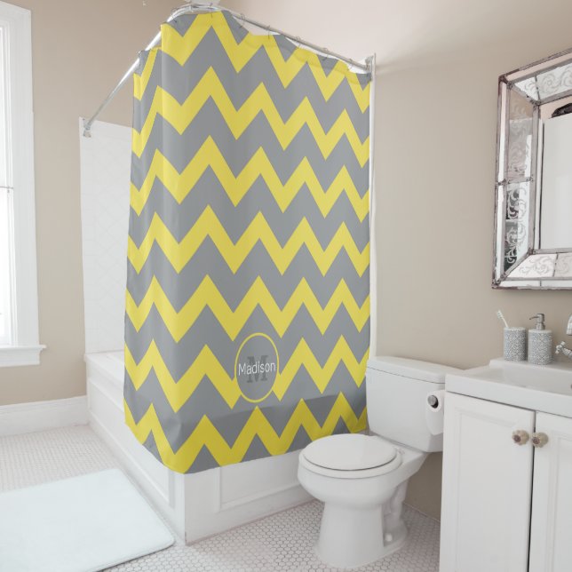 Chevron yellow grey pattern lines stripes Monogram Shower Curtain (In Situ)