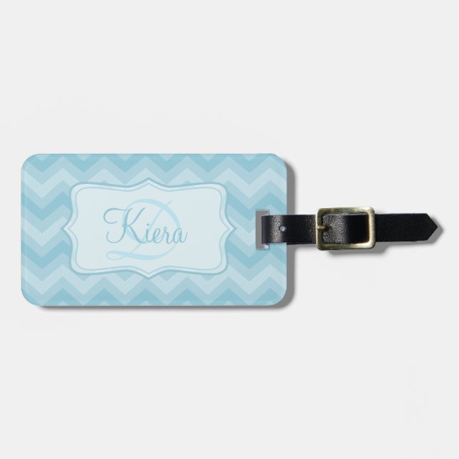 Chevron zig zag blue named luggage tag (Front Horizontal)