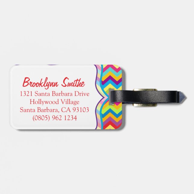 Chevron zig zag bright coloured named luggage tag (Back Horizontal)